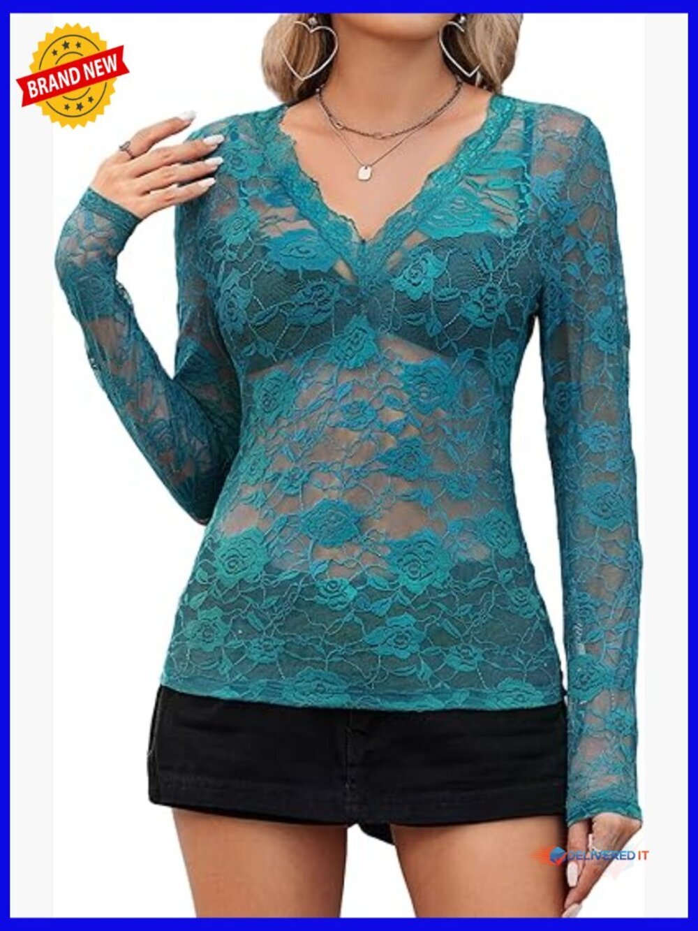 Sheer Mesh Long Sleeve V-Neck Lace Blouse Floral Tee S-XXL